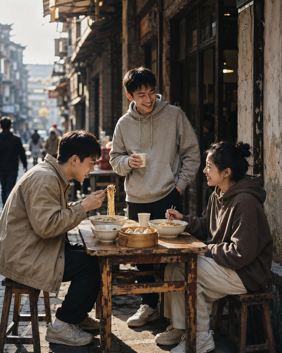 年轻朋友停下来围桌体验武汉本地过早