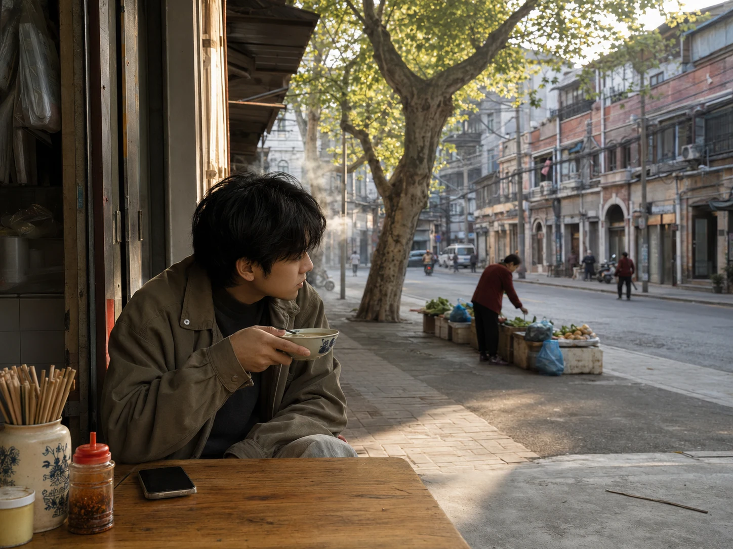 年轻旅行者在武汉街边度过不赶时间的松弛早晨